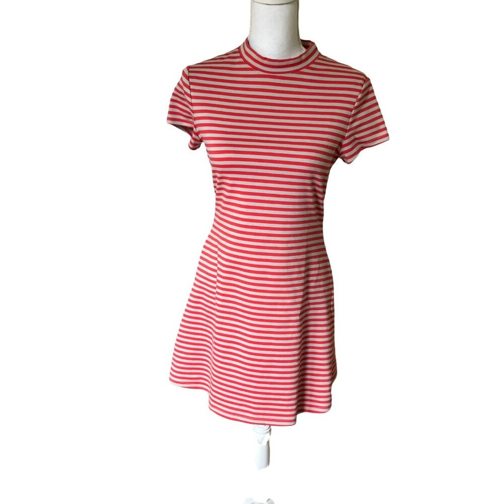 Free People FP Beach Dress Orange Tan Stripe Short Sleeve Knee Length Stretchy S